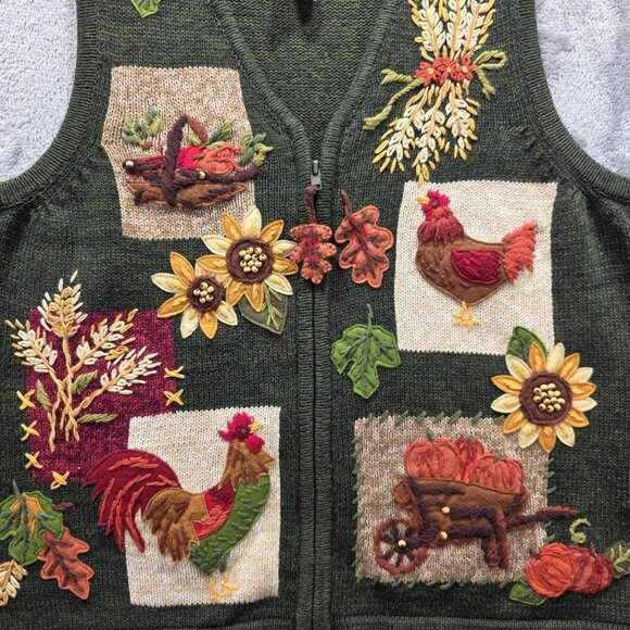 Tiara International Sweater Vest Womens Large Green Embroidered Rooster Pumpkin - Picture 2 of 7